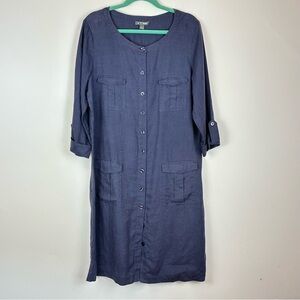 Go Silk Dress Extra Large 100% Linen Blue Button Down Pockets 3/4 Sleeve